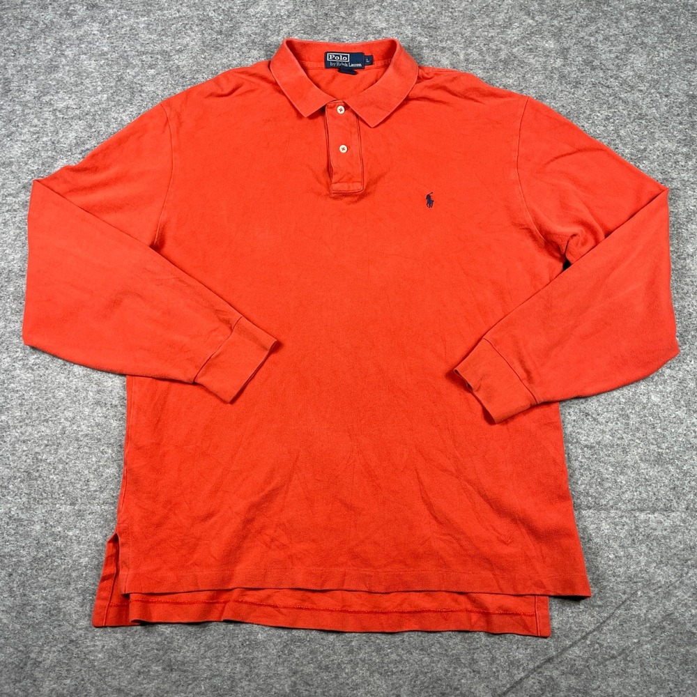 VTG Polo Ralph Lauren Polo Shirt Mens L Orange Long Sleeve Pique Pony Classic